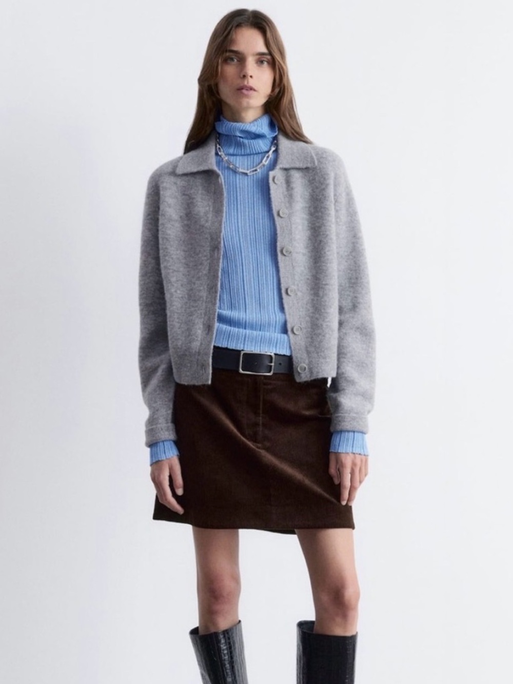 & Other Stories Grey Button-Up Cardigan with Light Blue Turtleneck